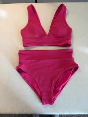 Hot Pink Textured High-Waist Bikini Set